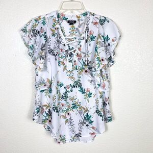 A.n.a. White & Green Floral Lace Up Neck Blouse